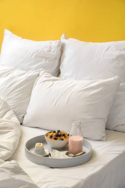 Tray Bowl Cornflakes Boiled Egg Yogurt Comfortable Bed — Stock Photo, Image