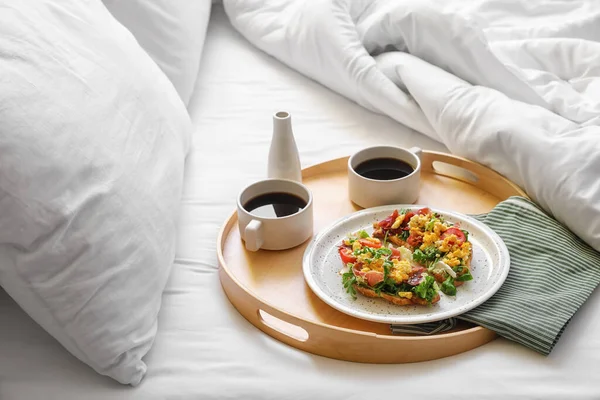 Wooden Tray Tasty Croissants Cups Coffee Bed — Stock Photo, Image