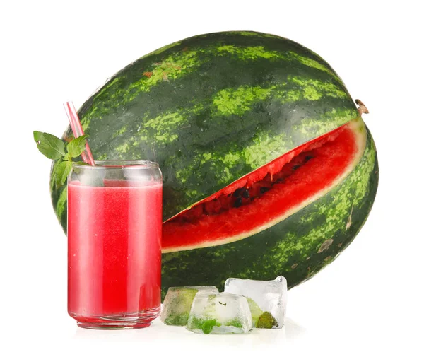 Glass Cold Watermelon Fresh Ice Cubes Isolated White Background — Stock Photo, Image