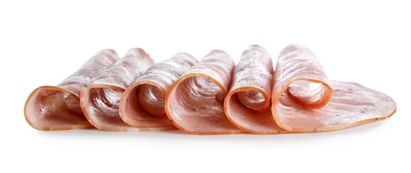 Fette Arrotolate Prosciutto Saporito Sfondo Bianco — Foto Stock