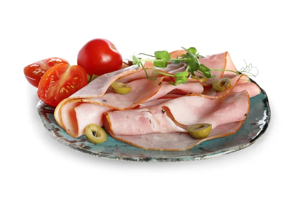 Plate Slices Tasty Ham Isolated White Background Closeup — Stock Photo, Image