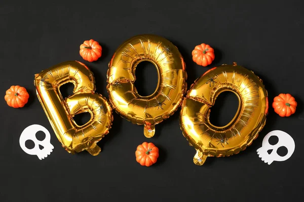 Word Boo Made Foil Balloons Pumpkins Dark Background — Stock Photo, Image