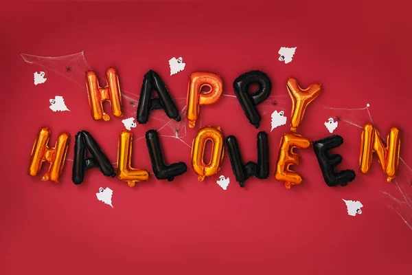 Text Happy Halloween Gjord Ballonger Med Pappersspöken Och Spindelnät Röd — Stockfoto