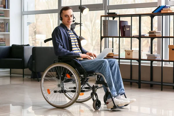 Young Man Wheelchair Using Laptop Home — Stock Photo, Image