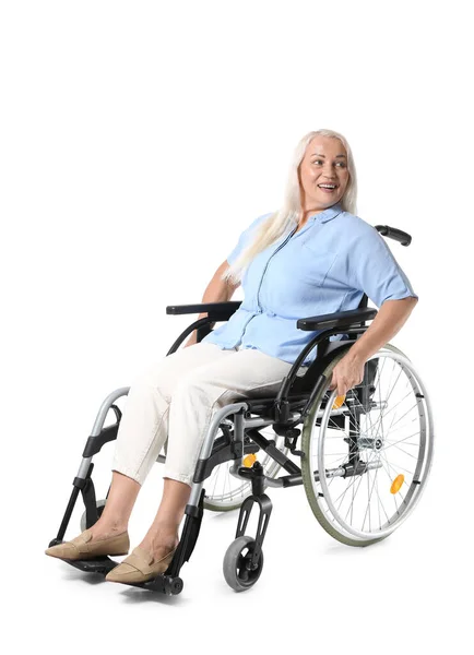 Ώριμη Γυναίκα Αναπηρική Καρέκλα Απομονωμένη Λευκό — Φωτογραφία Αρχείου
