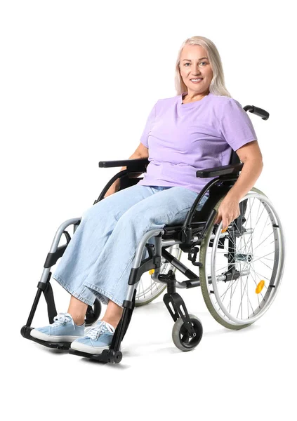 Ώριμη Γυναίκα Αναπηρική Καρέκλα Απομονωμένη Λευκό — Φωτογραφία Αρχείου