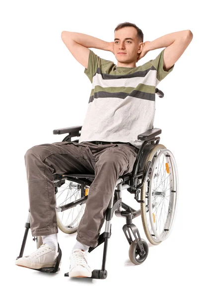 Молодий Чоловік Інвалідному Кріслі Ізольований Білому — стокове фото
