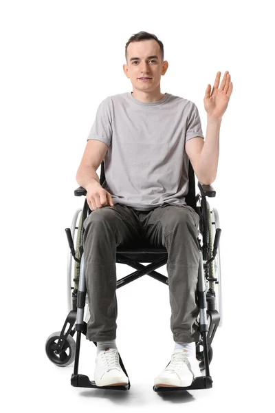 Mladý Muž Invalidním Vozíku Mávající Rukou Izolovaný Bílém — Stock fotografie