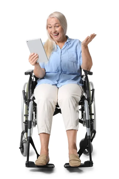 Mature Woman Wheelchair Tablet Isolated White — Stock Photo, Image