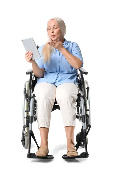 Mature Woman Wheelchair Tablet Isolated White — Stock Photo, Image