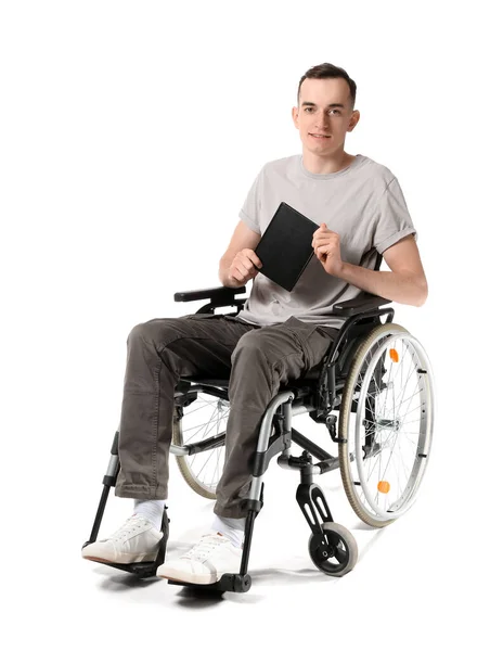 Молодой Человек Инвалидной Коляске Читает Книгу Изолированы Белом — стоковое фото