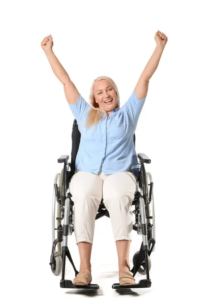 Happy Mature Woman Wheelchair Isolated White — Stock Photo, Image