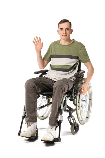 Young Man Wheelchair Waving Hand White Background — 图库照片