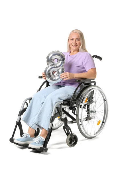 Mature Woman Wheelchair Holding Balloon Shape Figure Isolated White International — Stock Photo, Image