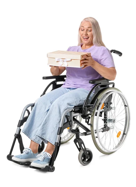 Mature Woman Wheelchair Gift Isolated White — Stock Photo, Image