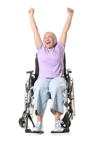 Happy Mature Woman Wheelchair Isolated White — Stock Photo, Image
