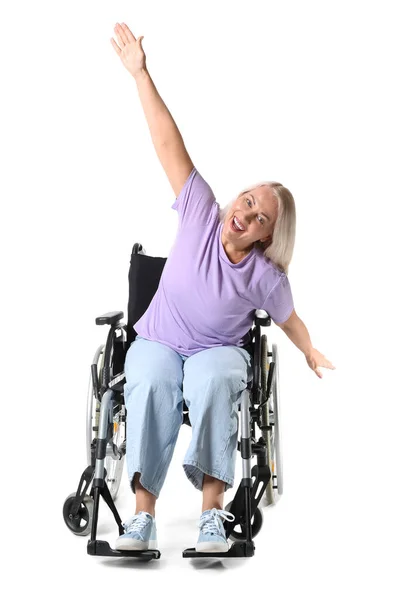 Happy Mature Woman Wheelchair Isolated White — Stock Photo, Image