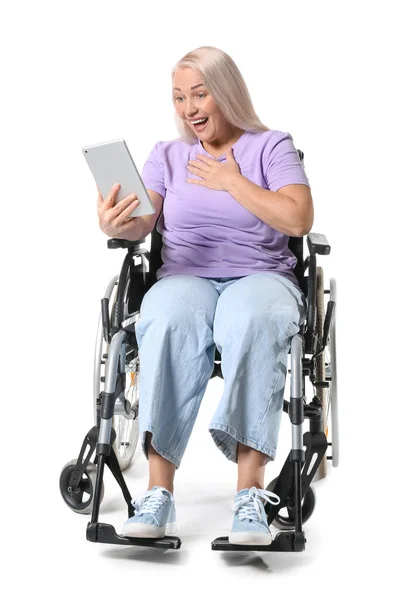 Mature Woman Wheelchair Tablet Isolated White — Stock Photo, Image