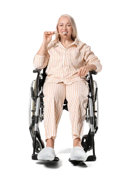 Mature Woman Wheelchair Brushing Teeth White Background — Stock Photo, Image
