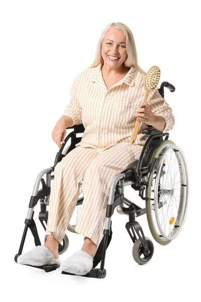 Mature Woman Wheelchair Massage Brush Isolated White — Stock Photo, Image