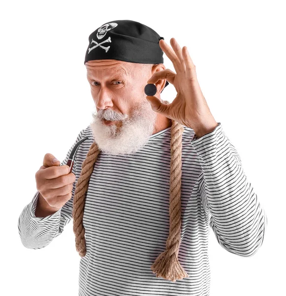 Mature Bearded Man Dressed Pirate Coin Smoking Pipe Rope White — Stock Photo, Image