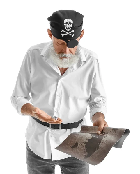 Mature Bearded Man Dressed Pirate Compass Map White Background — Stock Photo, Image