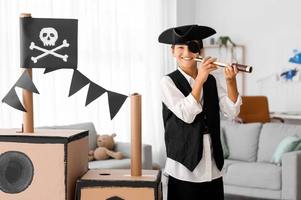 Little Boy Dressed Pirate Playing Spyglass Cardboard Ship Home — Stock Photo, Image