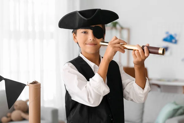 Little Boy Dressed Pirate Playing Spyglass Home — Stock Photo, Image