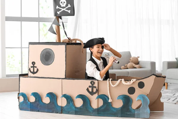 Little Boy Dressed Pirate Playing Spyglass Cardboard Ship Home — Stock Photo, Image