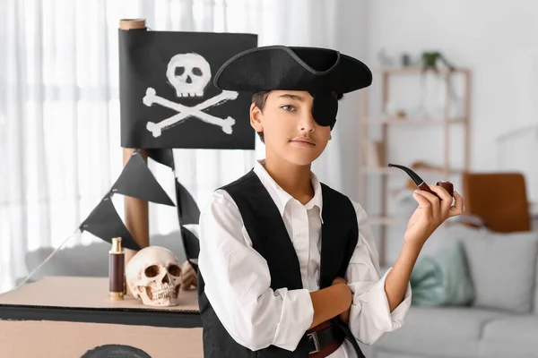Little Boy Dressed Pirate Smoking Pipe Cardboard Ship Home — Stock Photo, Image