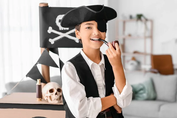 Little Boy Dressed Pirate Smoking Pipe Cardboard Ship Home — Stock Photo, Image