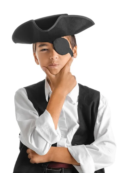 Bedachtzame Kleine Jongen Verkleed Als Piraat Witte Achtergrond — Stockfoto