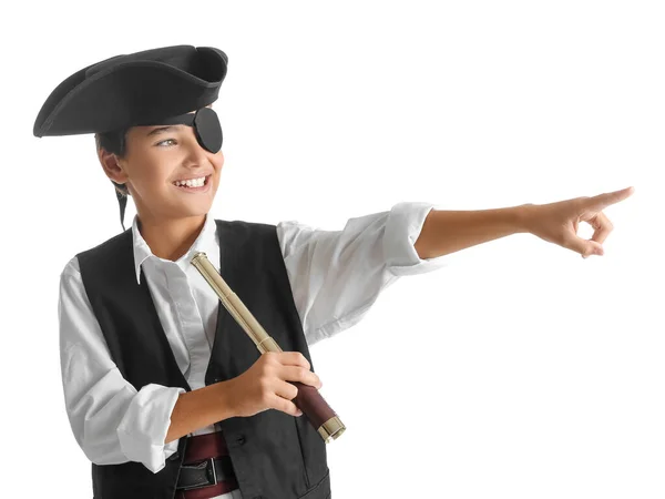 Little Boy Dressed Pirate Spyglass Pointing Something White Background — Stock Photo, Image