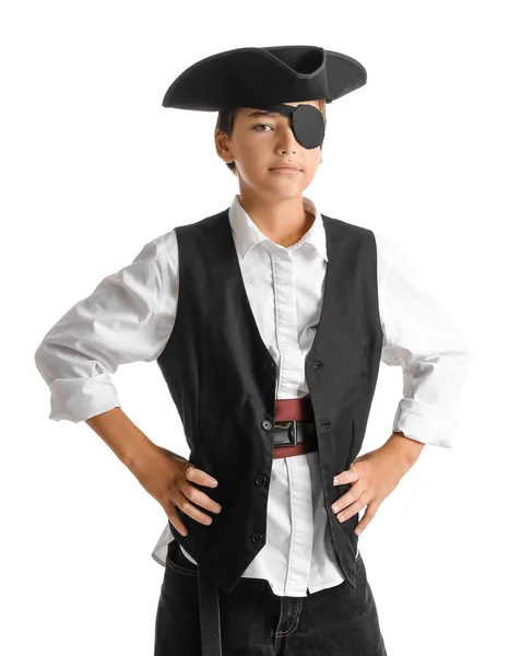 Liten Pojke Klädd Som Pirat Vit Bakgrund — Stockfoto