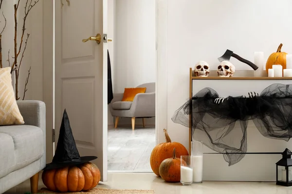 Interior Modern Living Room Chest Drawers Open Door Halloween Decor — Stock Photo, Image