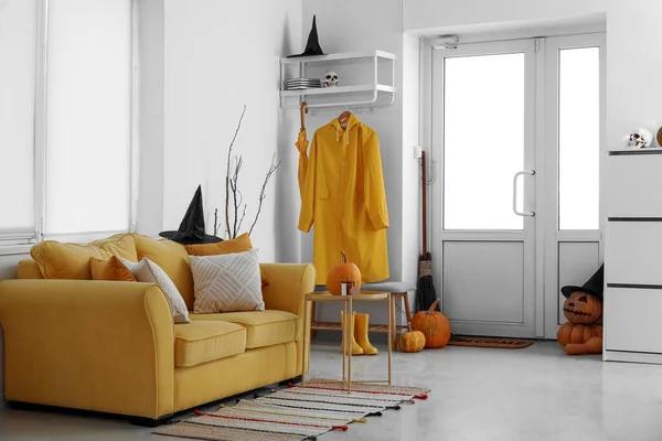 Interior Hall Decorated Halloween Yellow Sofa Raincoat — Stock Photo, Image