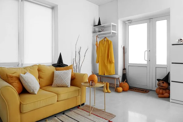 Interior Hall Decorated Halloween Yellow Sofa Raincoat — Stock Photo, Image