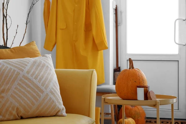 Halloween Pumpkin Candle Table Sofa Room — Stock Photo, Image