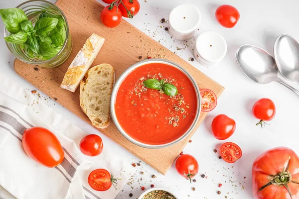 Wooden Board Bowl Tasty Tomato Soup Bread Spices Light Background — Stock Photo, Image