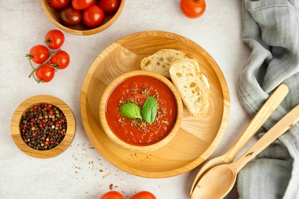 Wooden Bowl Tasty Tomato Soup Bread Spices Light Background — Stock Photo, Image