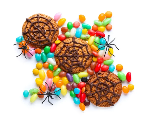 Halloween Spiderweb Cookies Candies White Background — Stock Photo, Image