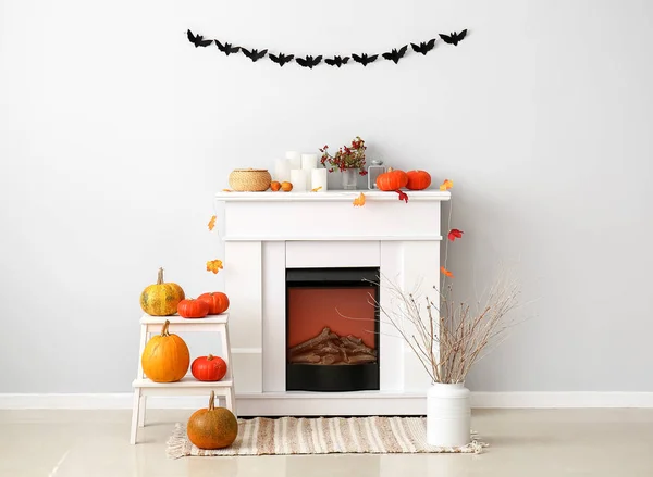 Vase Tree Branches Stepladder Halloween Pumpkins Fireplace Light Wall — Stock Photo, Image