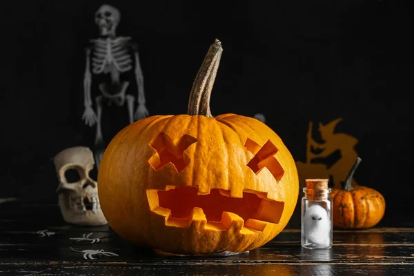 Jack Lanterna Zucca Con Decorazione Halloween Sfondo Legno Nero Primo — Foto Stock