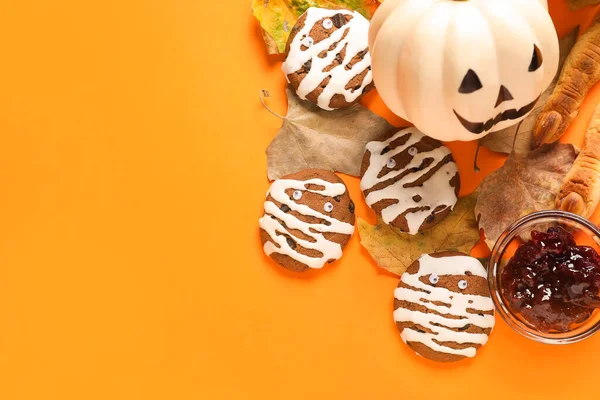 Halloween Cookies Fallen Leaves Bowl Jam Pumpkin Orange Background — Stock Photo, Image