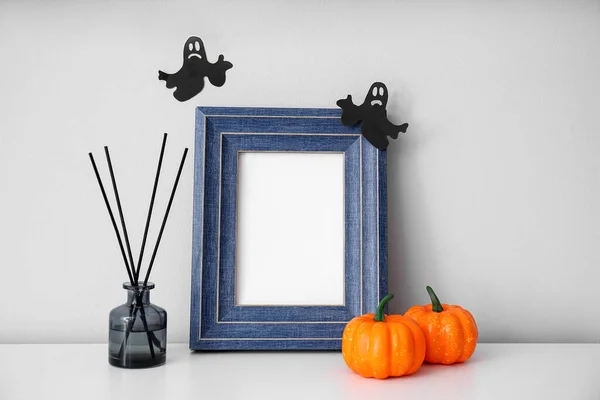 Blank Photo Frame Halloween Pumpkins Reed Diffuser Mantelpiece Light Wall — Stock Photo, Image