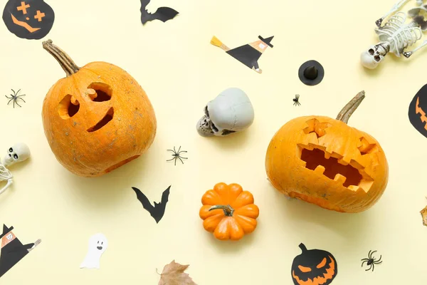 Carved Halloween Pumpkins Decor Beige Background — Stock Photo, Image