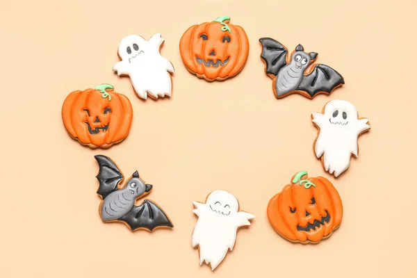 Rámeček Chutných Halloween Cookies Béžovém Pozadí — Stock fotografie