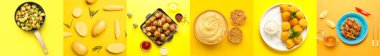 Çiğ patatesli kolaj ve sarı arka planda farklı pişmiş yemekler.