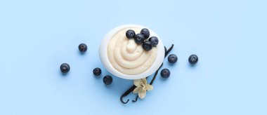 Bir kase lezzetli vanilyalı puding ve açık mavi arkaplanda yabanmersini.