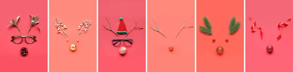 Collage Creative Christmas Compositions Reindeer Faces Made Decorations Red Background — Stock Photo, Image